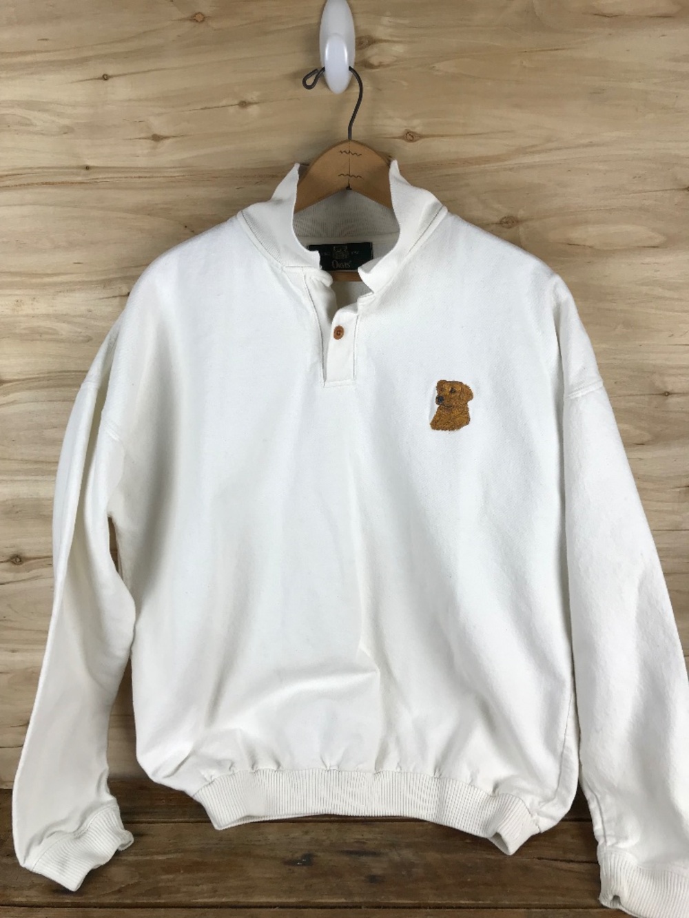 Vtg 90s Orvis Oarsman Mens Long Sleeve White Pullover Polo Shirt Size M Dog Logo